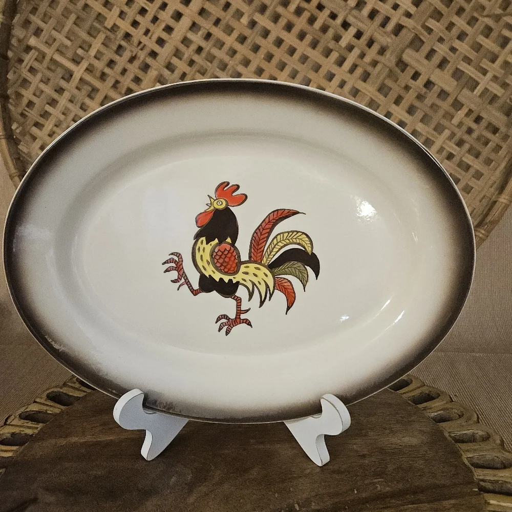 Vintage Metlox Poppytrail Red Rooster Large Oval Serving Platter USA Farmhouse